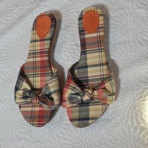 J.Crew Tropez Madras Plaid Wood Knot Tie Slide Sandals Size 9